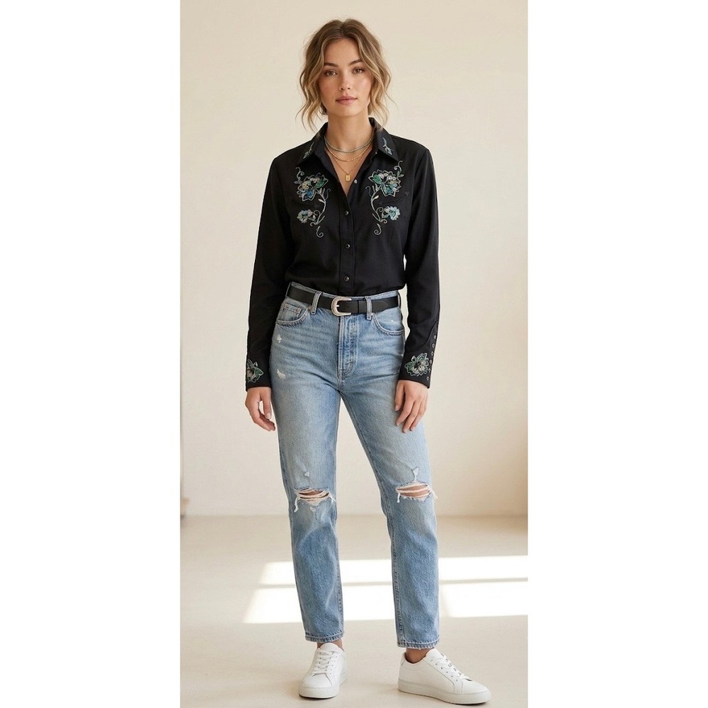 Vintage Roper‎ Western Shirt Women XL Black Floral Embroidered Long Sleeve